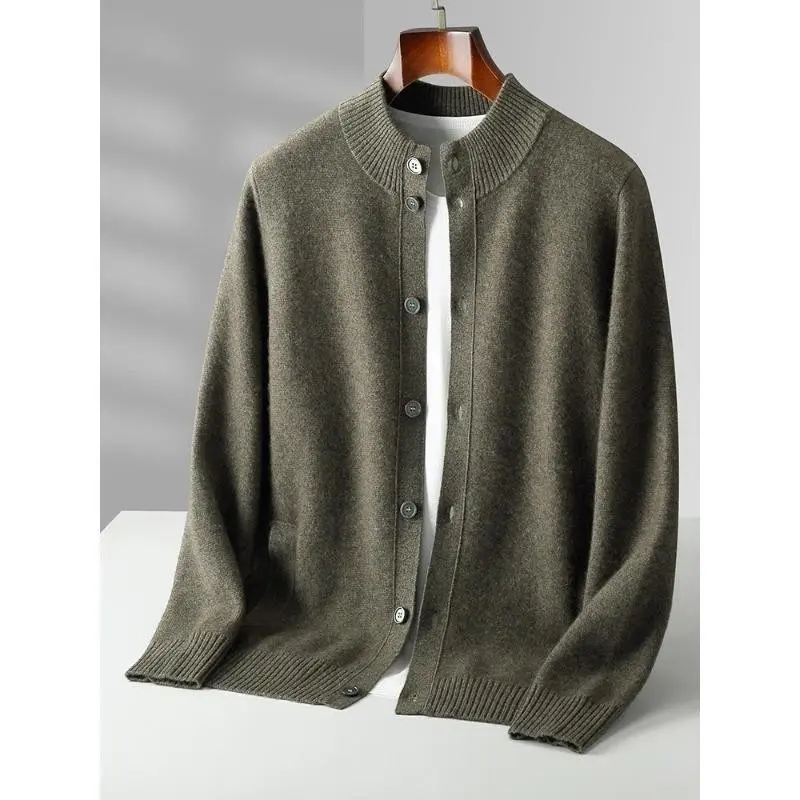 Men's Thick Sweater 100% Merino Wool Knitwear Cardigan Cashmere Buttons Coat Autumn Winter Mock Neck Pockets Casual Clothing Top