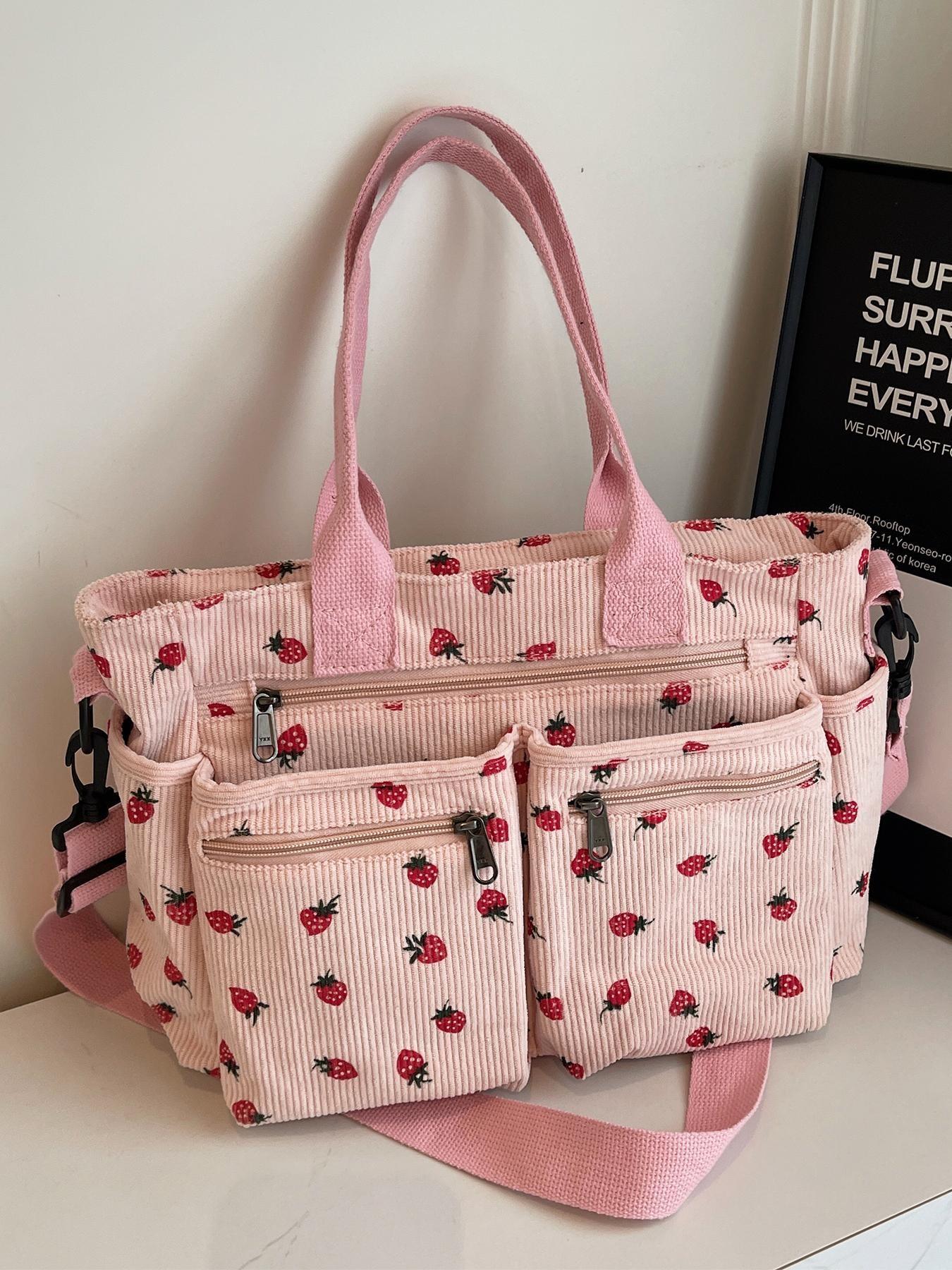 New Strawberry Print Large Capacity Multi-Pocket Tote Bag, Fashion Simple Shoulder Bag, Ideal for Students, Shopping, Commuting, Women's Backpack