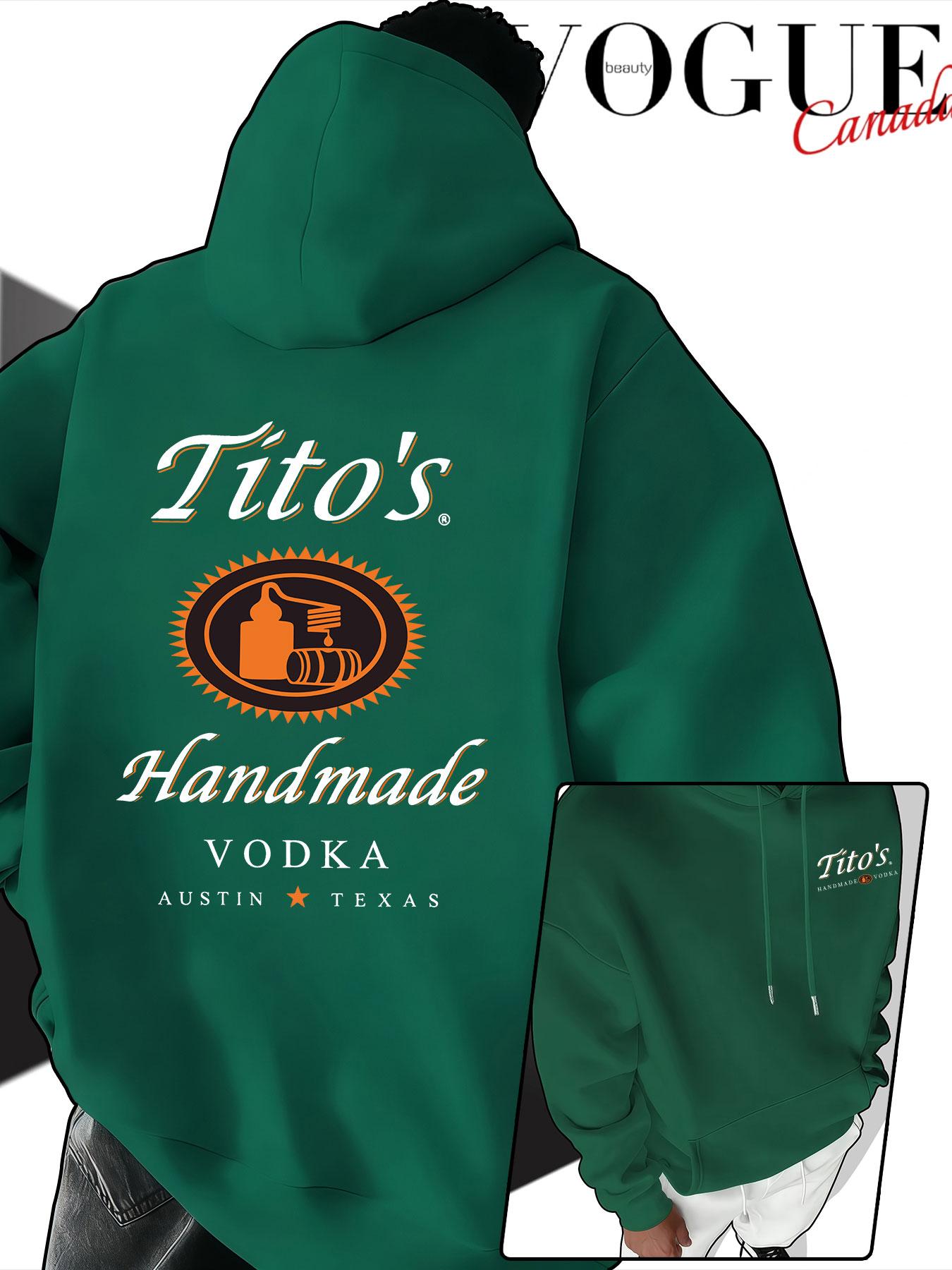 Men's Hooded Sweatshirt Fall & Winter, Tito's Handmade Vodka Print, American Vintage Loose Fit, Couples' Drop Shoulder Pullover