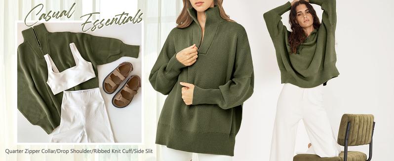 Saodimallsu Womens Tunic Sweater Fall Long Sleeve 1/4 Zip Pullover Sweaters Oversized Slouchy Ribbed Knit Sweatshirt with Slit