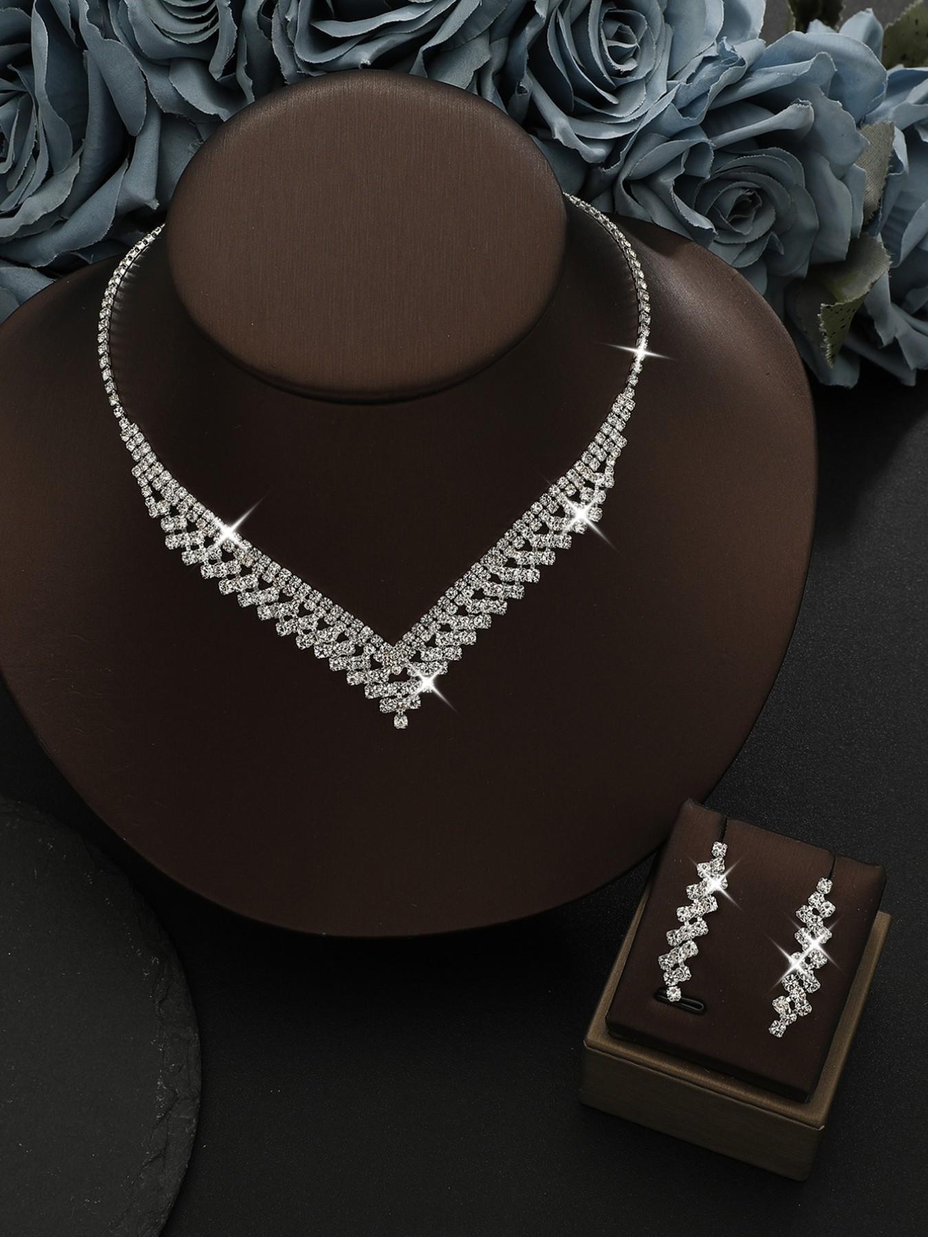 Vintage Luxurious Full Diamond V-Neck Necklace Earrings Set, Bride Wedding Dinner Elegant Accessories, Casual All Seasons Style