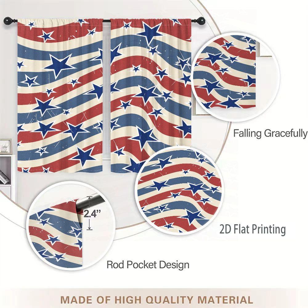 2D Flat 2-Piece Patriotic American Flag Window Curtain Set, Wavy Red White Blue Stripes with Blue Stars (Some White Outlines), Distressed Retro Pattern, Classic Stars & Stripes Design for Living Room Bedroom Decor