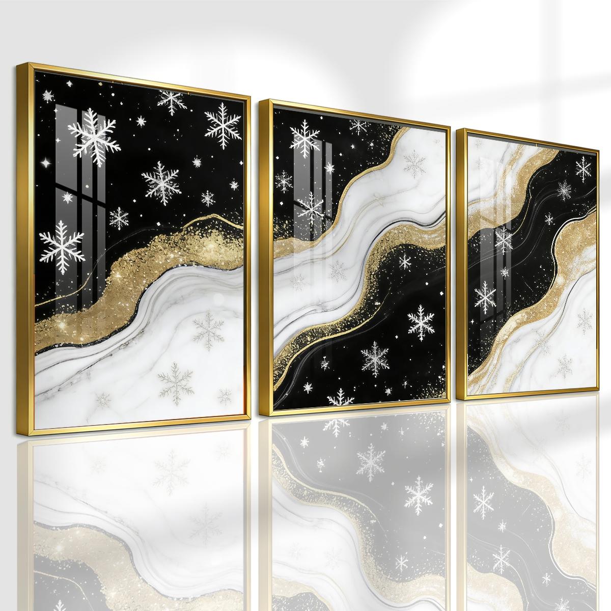 3 Counts Aluminum Alloy Framed Painting, Black White And Gold Snowflake Abstract Art Pictures, Home Decoration For Living Room, Bedroom, Office, Restaurant, Hallway Wall Decor, Odorless Print Artwork, Luxury Perfect Gift For Friends And Family