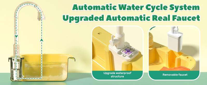 CUTE STONE Play Sink with Running Water, Kitchen Sink Toys with Play Food and Kitchen Utensils, Pool Floating Toys for Fishing Game, Role Play Electric Dishwasher Toy Gift