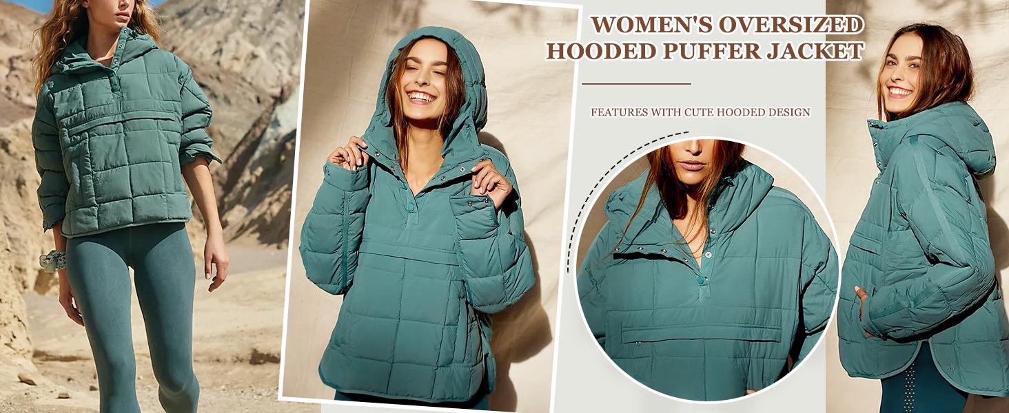 Ommig Women's Oversized Hooded Puffer Outerwear - Quilted, Lightweight, Warm Winter Pullover Coat with Button Closure, Basic Casual Tops