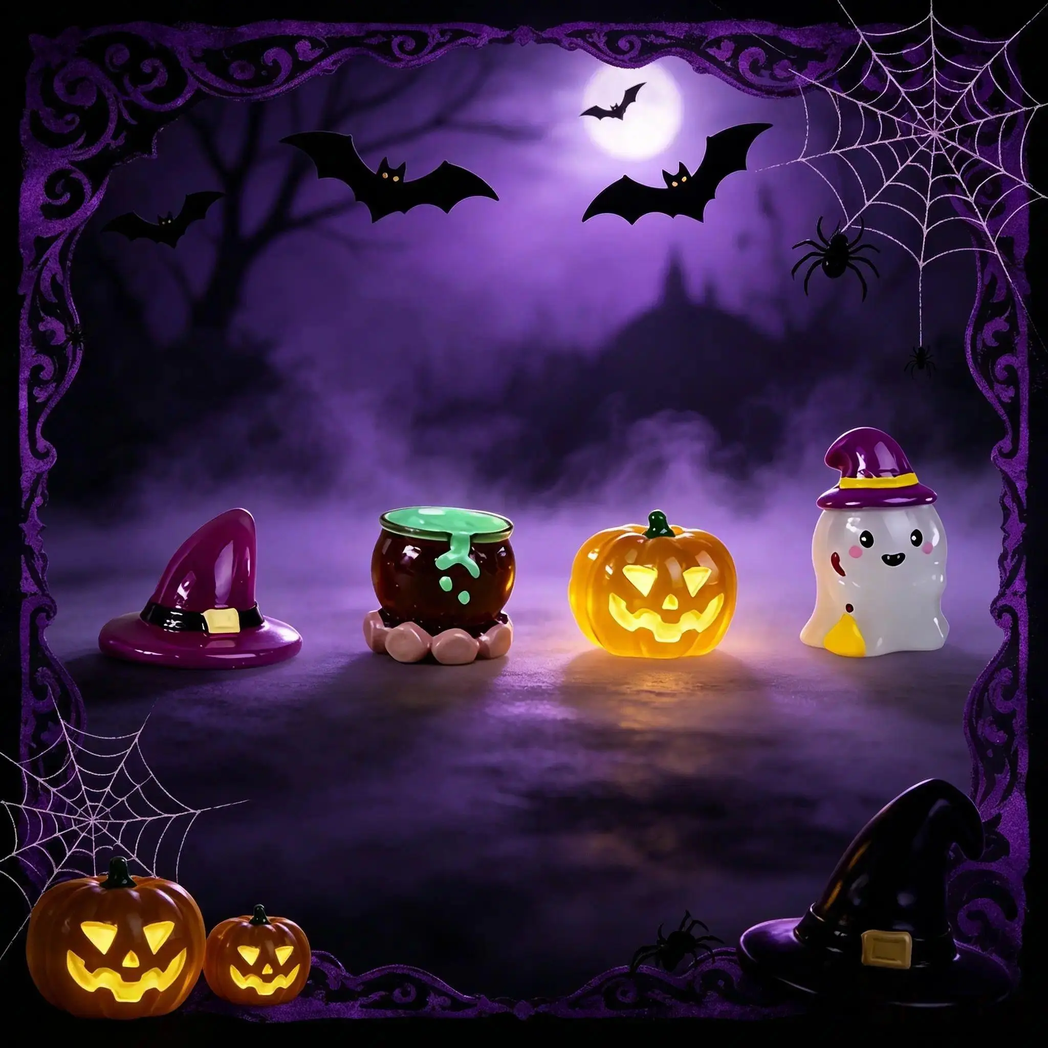 4pcs Halloween Ceramic Decorations Set, Light Up Pumpkin Ghost Witch Hat and Cauldron Figurines, Spooky Tabletop Decor for Home, Party, Shelf, Mantel and Haunted House, Cute Halloween Indoor Decorations