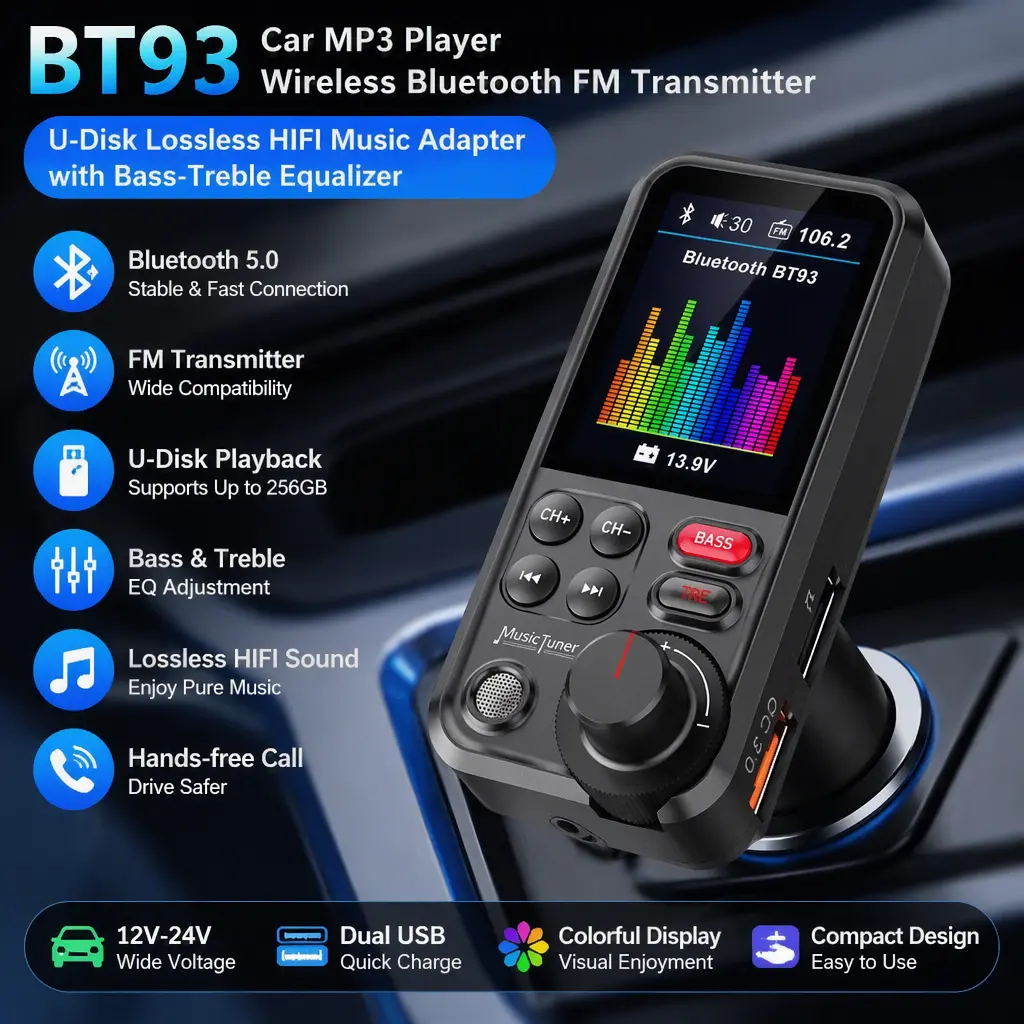 BT93 In‑Car Bluetooth FM Transmitter Adapter, Lossless HIFI MP3 Music Player, U‑Disk Supported, Sound Equalizer for Bass Treble Adjustment