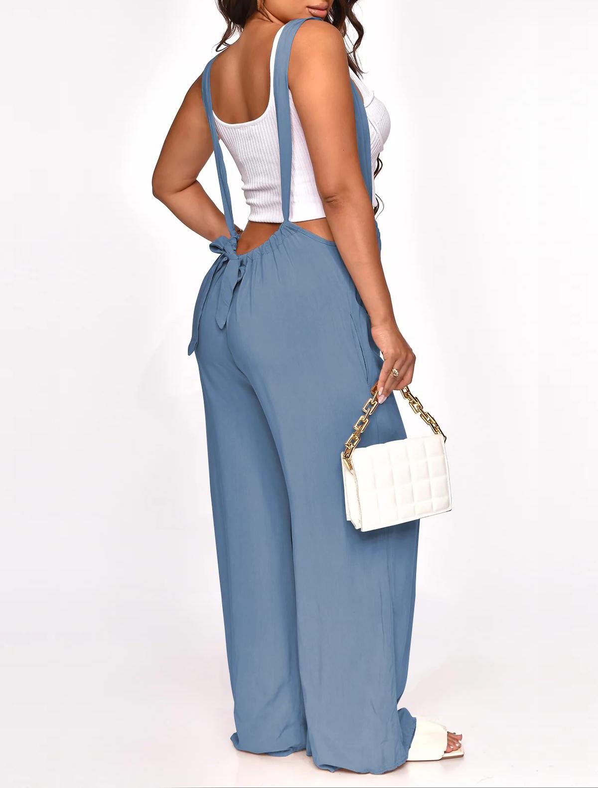 Women's Drawstring Tie Back Wide Leg Pocket Suspender Pants Casual Loose Fit Jumpsuit for Summer, Adjustable Design, Day Wear, Solid Color pants women linen pants