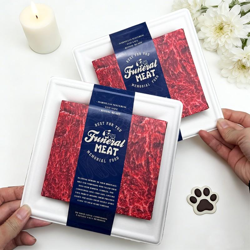 Realistic paper food offerings for pet memorial cremations, featuring beef and salmon; a combustible imitation sushi set suitable for pet funerals and as keepsakes for dogs, cats, small pets, rabbits, and hamsters