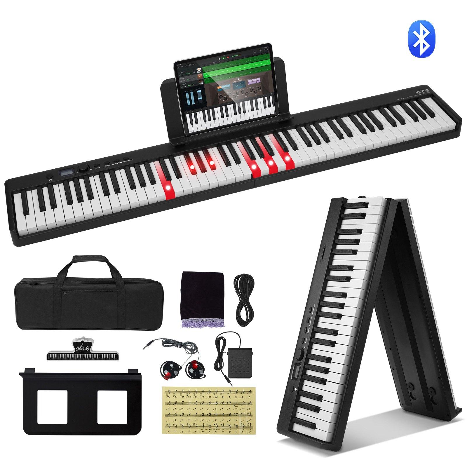 VEVOR 88 Key Folding Keyboard Piano, Bluetooth MIDI, Portable Electronic Digital Foldable Piano with Sustain Pedal Bag Touch Sensitive Keys Headphones, Rechargeable for Beginners Teens Adults, Black
