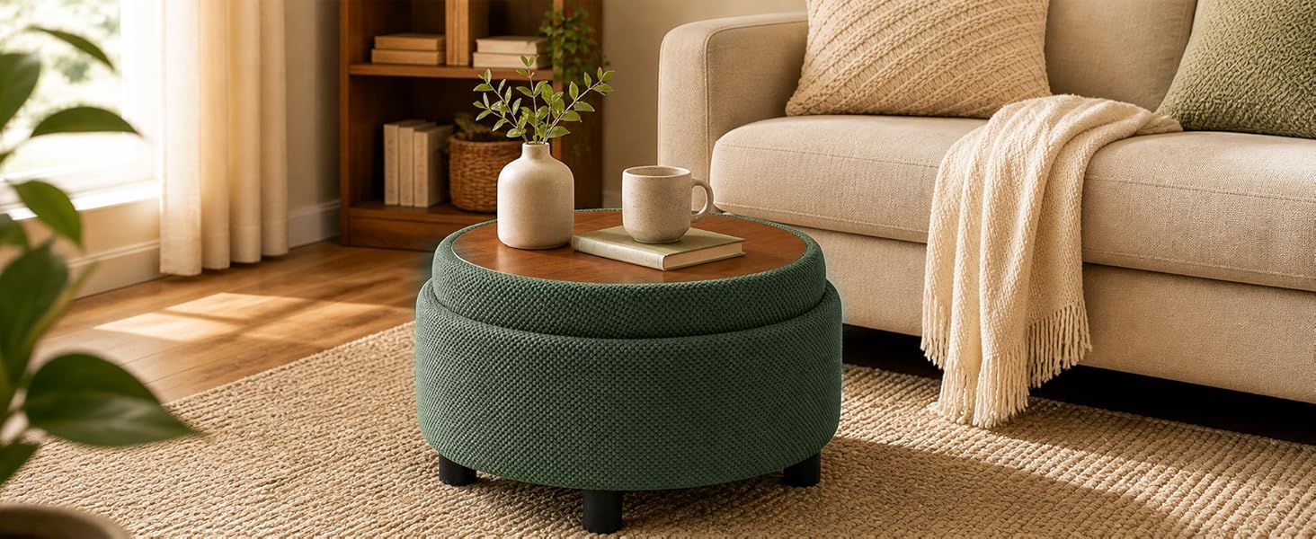 25" Round Fabric Tufted Storage Ottoman - Dark Brown, Reversible Wood Tray Top, Hidden Storage for Blankets & Pillows, Short, Modern, Fixed Arms, No Fire Safety Label, Assembly Required Footrest/Coffee/Side Table for Living Room Small Spaces