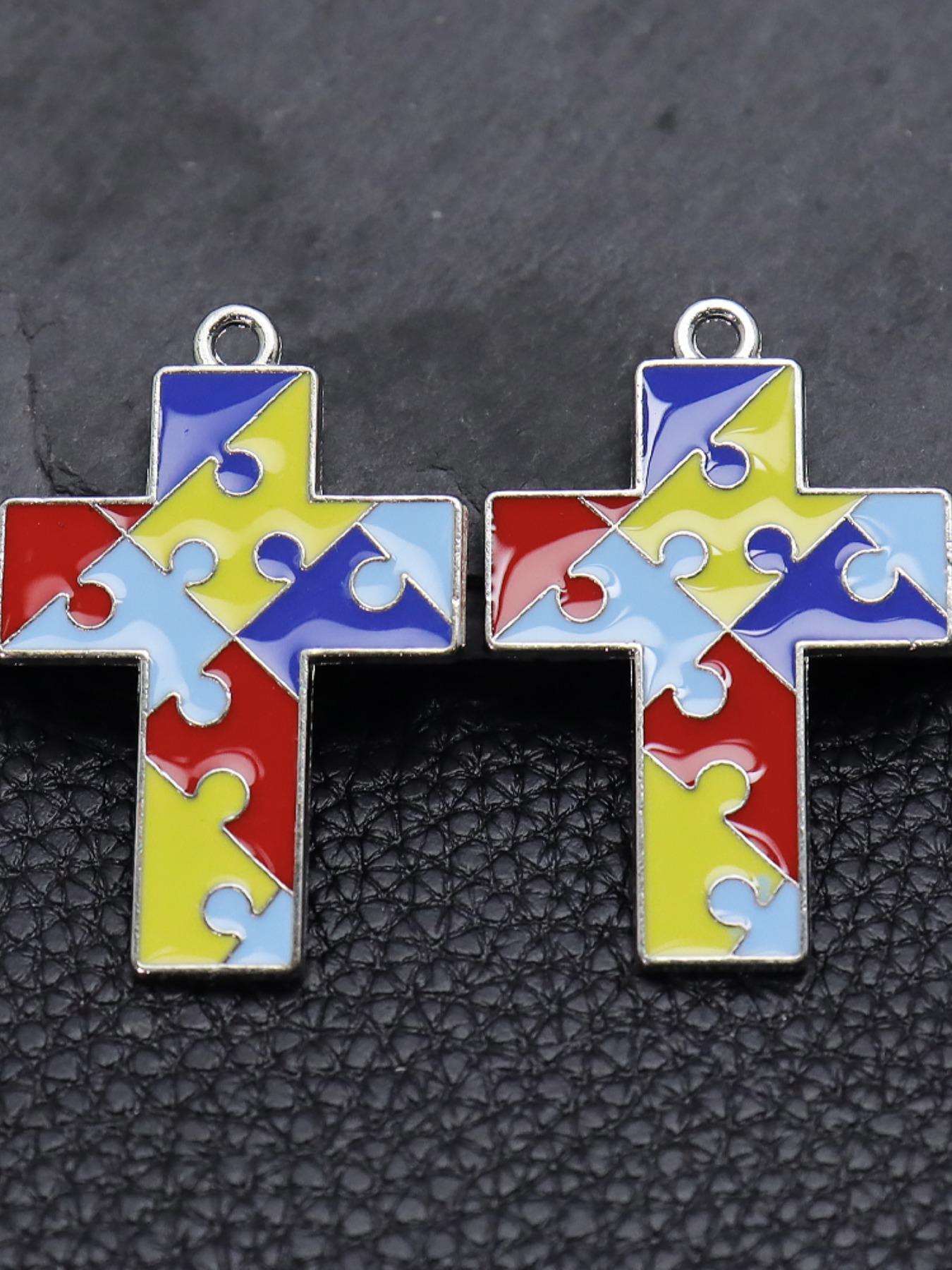 5-Piece Autism Awareness Puzzle Charm Set, Enamel Heart Cross Ribbon Pendant, DIY Jewelry Making, Colorful Accessories, DIY Jewelry Decoration