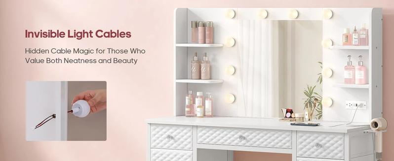 Sikaic Makeup Vanity with 11 Drawers and 6 Open Shelves Modern Dressing Table with 3 Color Modes Lights, Power Strip and Storage