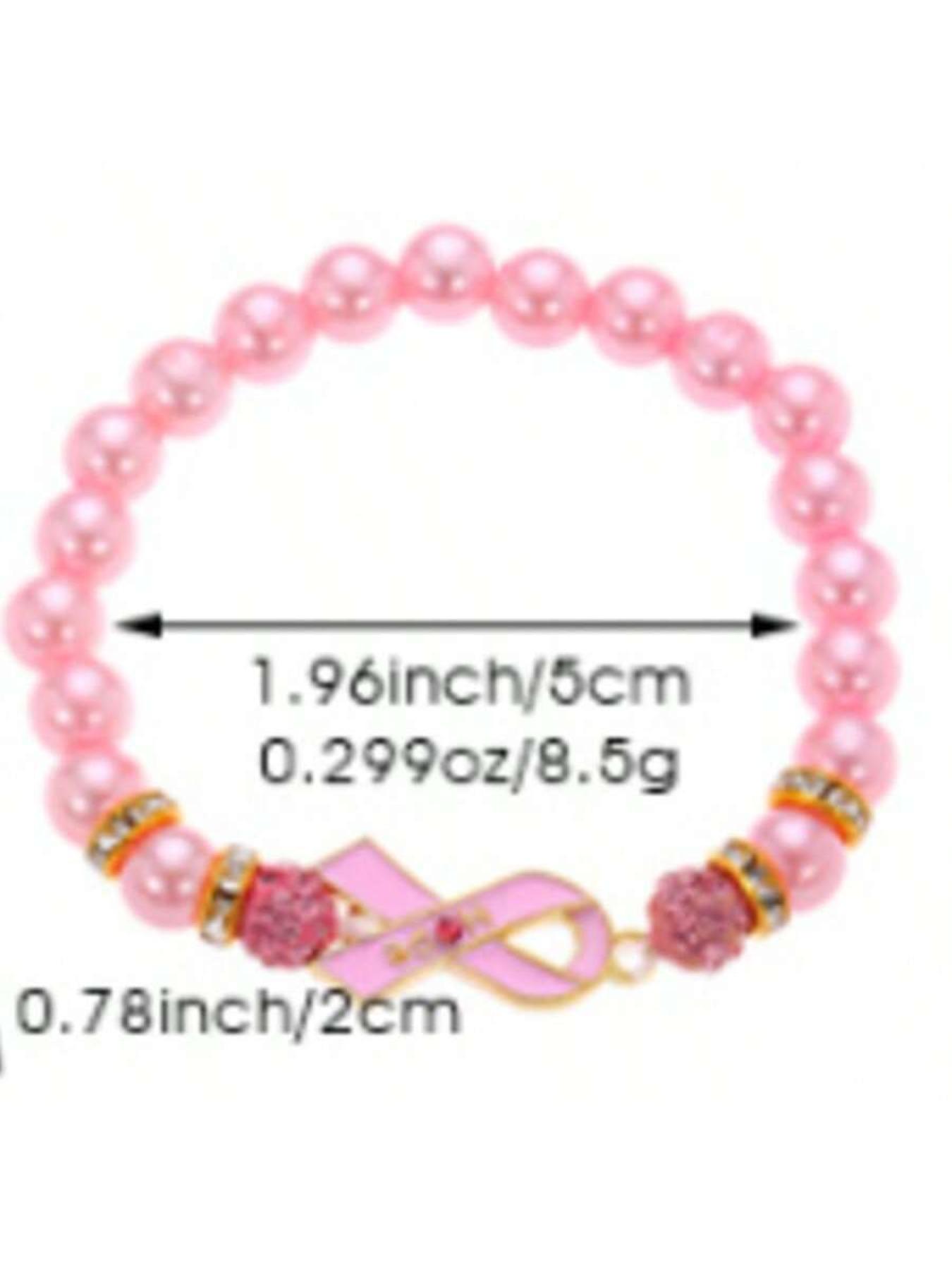 Ribbon Breast Cancer Awareness Faux Pearl & Rhinestone Beaded Bracelet, Ideal for Everyday Use or Special Occasions