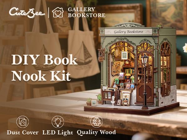 CUTEBEE DIY 3D Dollhouse Kit Gallery Bookstore Wooden Miniature House Book Nook with Handmade Details Tiny House Bookshelf Decor for Holiday Christmas and Black Friday Gift