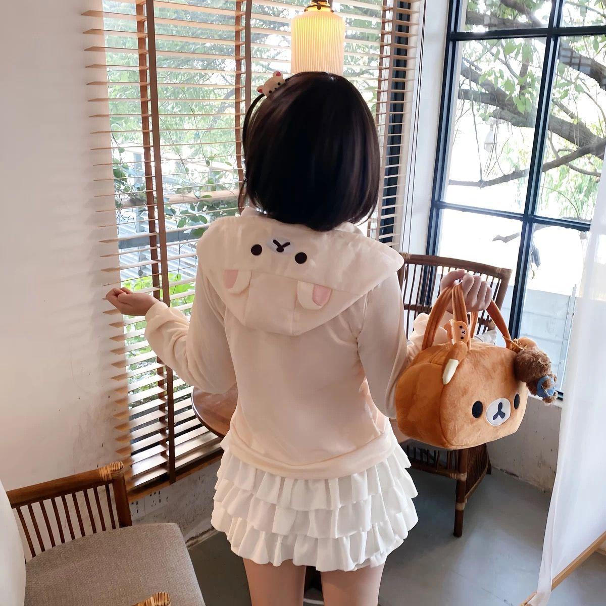 Spring Summer New Cute Bear Ears Zip Up Hoodie Japanese Sweet Girl Casual Loose Sweatshirt Women Cardigan Anime Hoodie Y2k Top