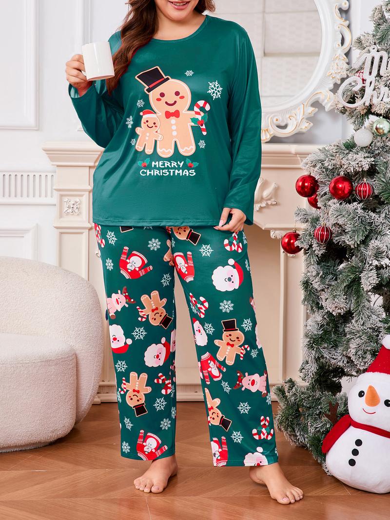 Plus Size Women's Christmas Pajama Set, Santa Claus Print, Snowflake & Gingerbread Man Design, Long Sleeve Comfortable Everyday Sleepwear