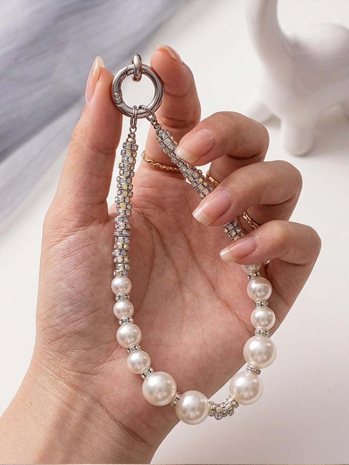 Luxury Pearl & Rhinestone Bag Charm, Sparkling Crystal Faux Pearl Handbag Pendant, Aesthetic Phone Wristlet Keychain Accessory, Perfect Birthday Christmas Valentine's Day Gift for Women Girls, Trendy Bag Decor for Tote Backpack