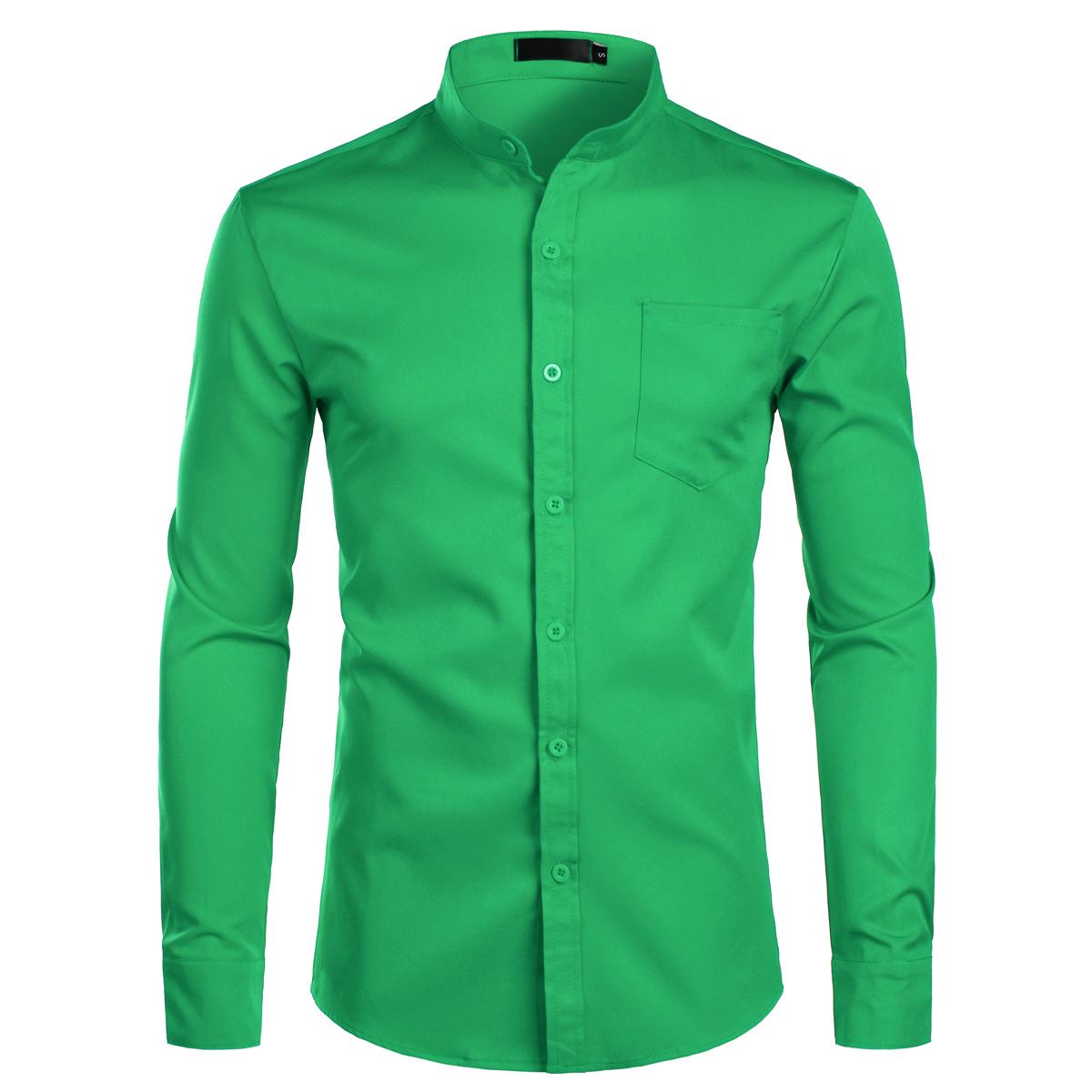 ZEROYAA Men's Red Banded Slim Fit Collar Long Sleeve Casual Button Down Dress Shirts with Chest Pocket Breathable Polyester Fabric Soft Top