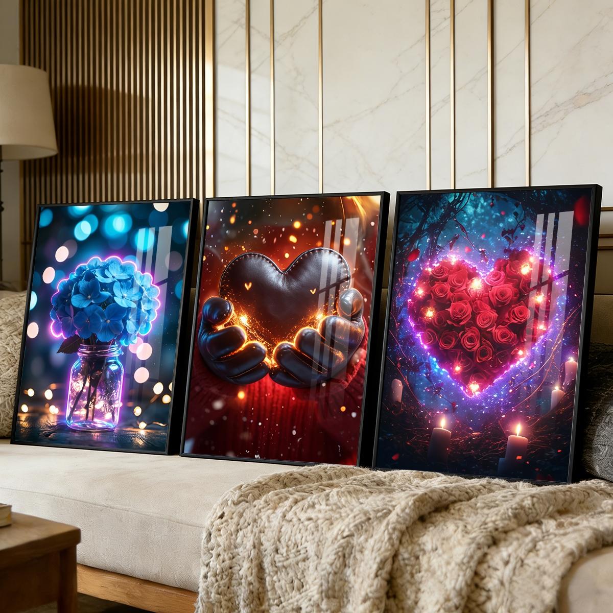 3 Counts Aluminum Alloy Framed Painting, Romantic Roses Hearts And Flowers Pictures, Home Decoration For Living Room, Bedroom, Office, Restaurant, Hallway Wall Decor, Odorless Print Artwork, Luxury Perfect Gift For Friends And Family