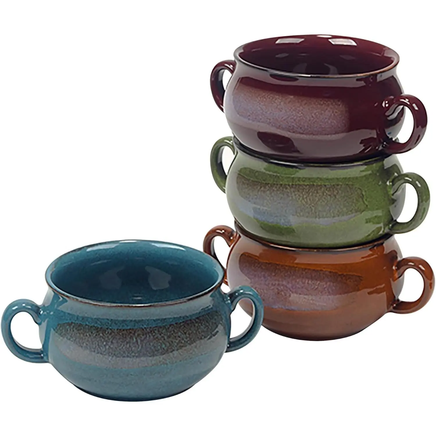 Stoneware 24oz Reactive Glaze Soup Crocks Set of 4: Perfect for soups, stews, and casseroles.Unique reactive glaze, oven-safe, microwave- and dishwasher-friendly with easy-grip handles for serving.
