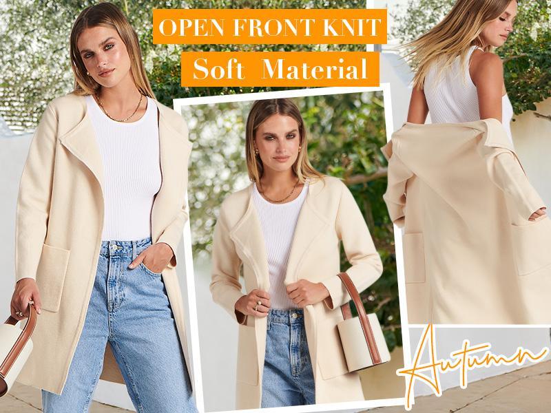 ANRABESS Women's Open Front Knit Cardigan Long Sleeve Lapel Casual Solid Sweater Jacket