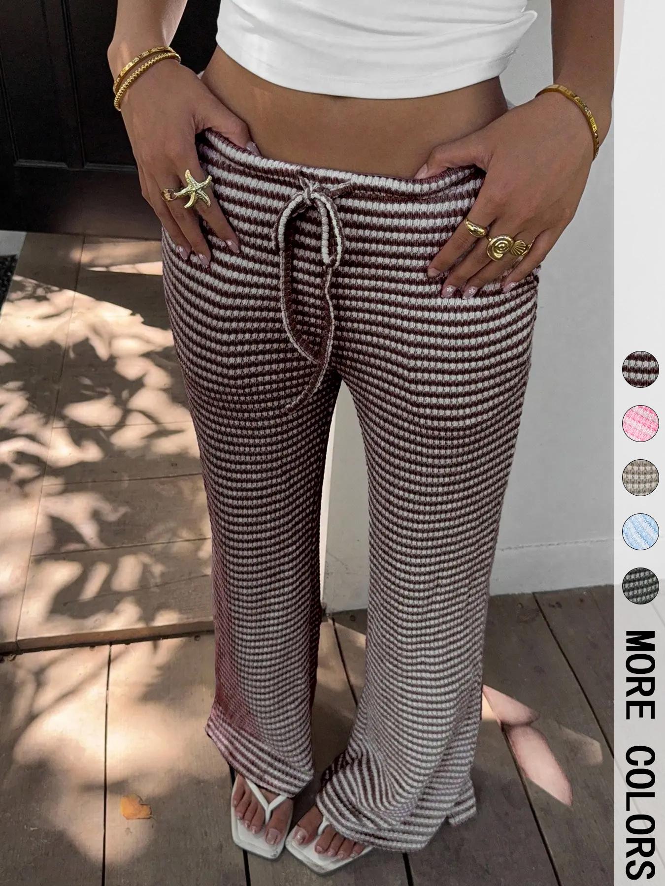 Women's Summer Knitted Striped Drawstring Pocket Casual Loose Wide Leg Pants, Perfect for Daily Wear and Vacations