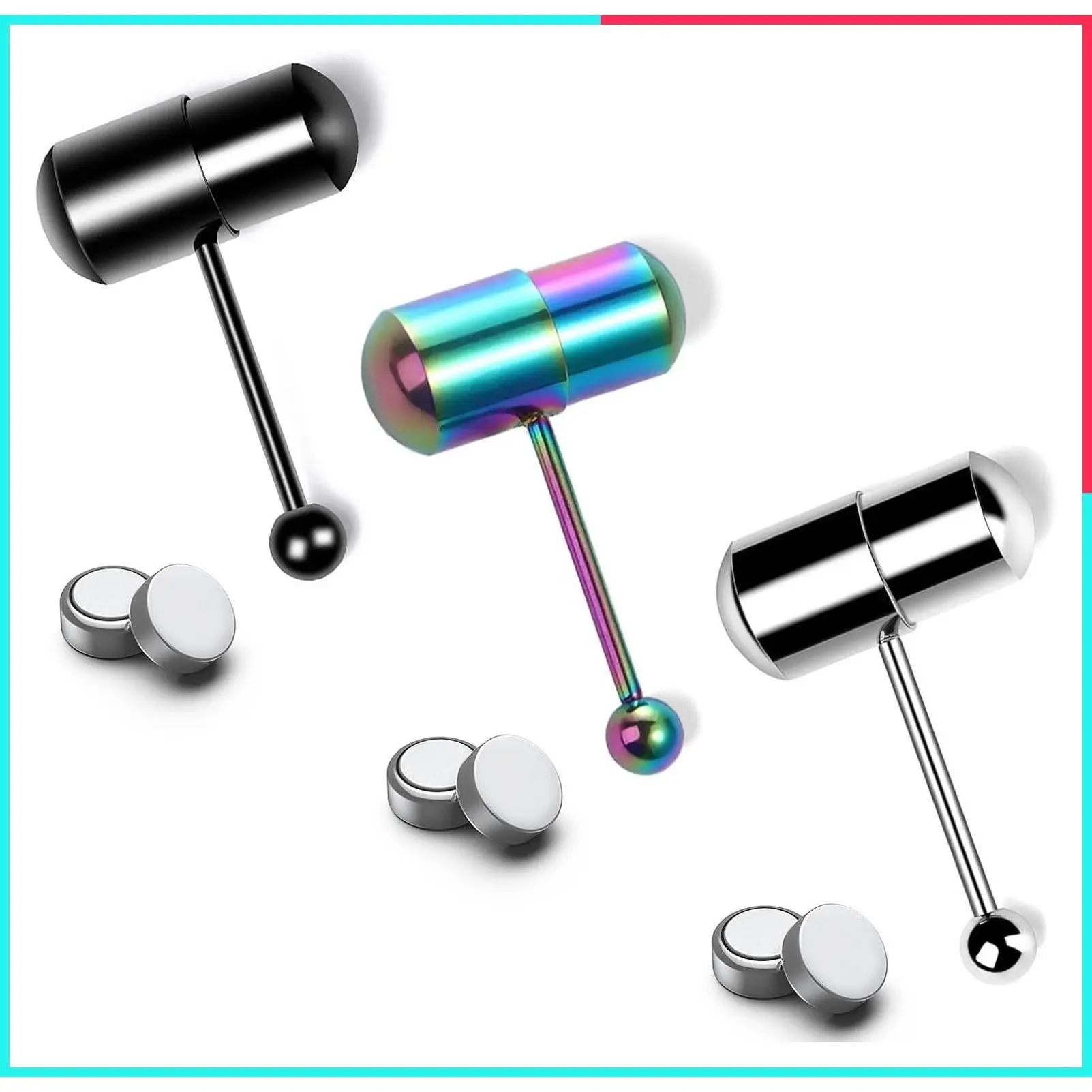 3pcs Vibrating Tongue Rings, 14G Stainless Steel Tongue Piercing Jewelry Kit