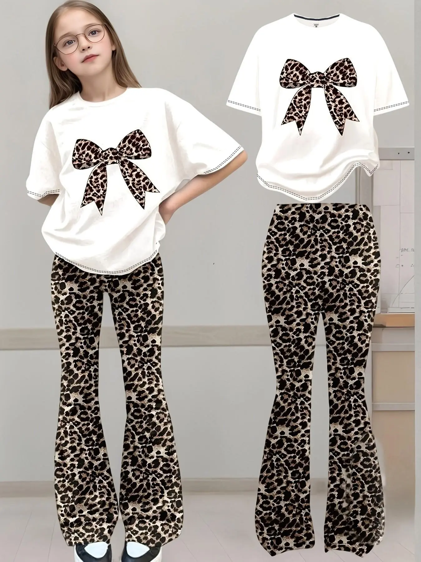 Girls' Leopard Print Bow Tie T-Shirt & Bell Bottom Pants Set, Fashion Casual Street Style, Perfect for School, Outing, Shopping, Dating, Travel