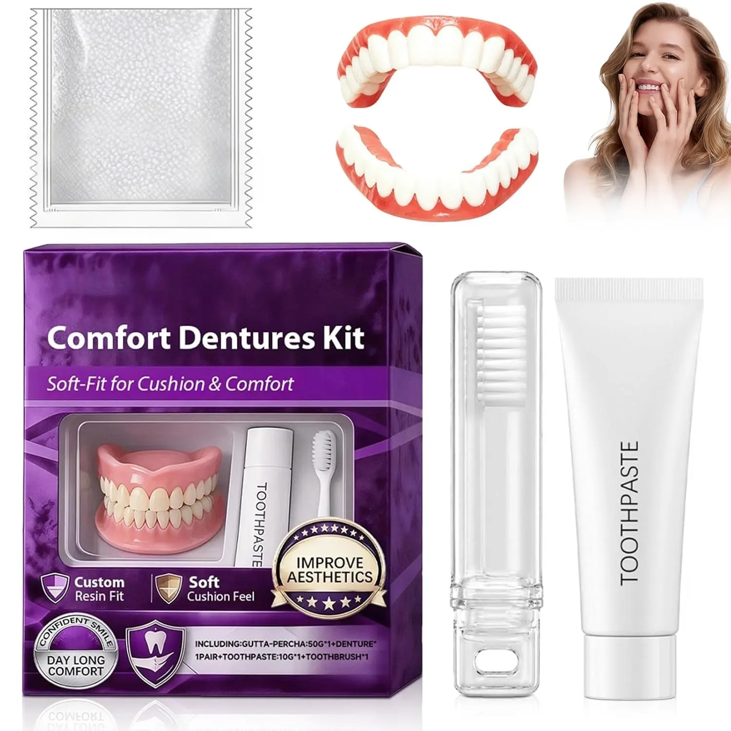Temporary Denture Kit, Heat Moldable Custom Fit Upper & Lower False Teeth
