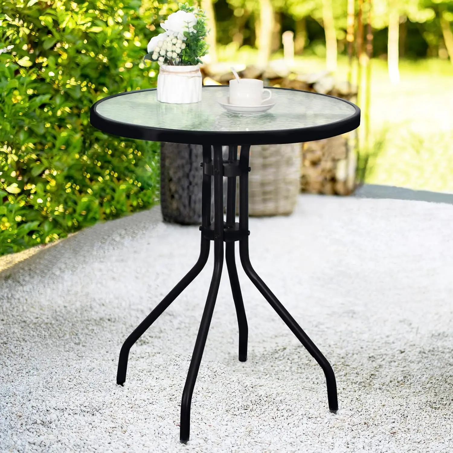 24" Outdoor Side Table Patio Metal Round Bistro Coffee Table with Glass Top,Black