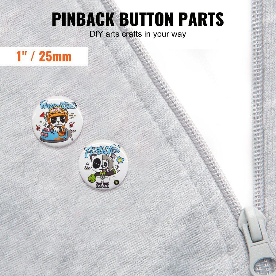 VEVOR 500 Sets 1 inch 25mm Pin Back Button Parts, DIY Round Button Badge Parts, Set Includes Metal Top, Plastic/Metal Button, Clear Film, and Blank Paper For Gifts Presents, Machine NOT Included