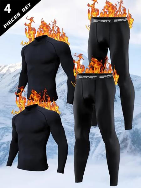 4PCS RUKIOO Men’s Warm Compression Sports Set – Base Layer with Stand Collar & Raglan Sleeves, Polyester/Elastane, Breathable & Stretch, for Fall/Winter Outdoor Training, Cycling & Running, Compression Garment