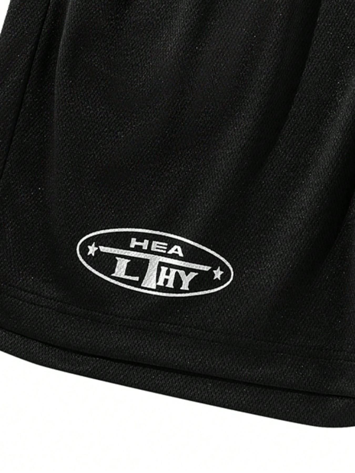 Men's Mesh Breathable Letter Print Summer Beach Shorts, Trendy Streetwear, Sportswear, Casual, Comfortable Fashion, Asymmetrical Design, Loose-Fitting, Baggy, Oversized, Plain Pattern