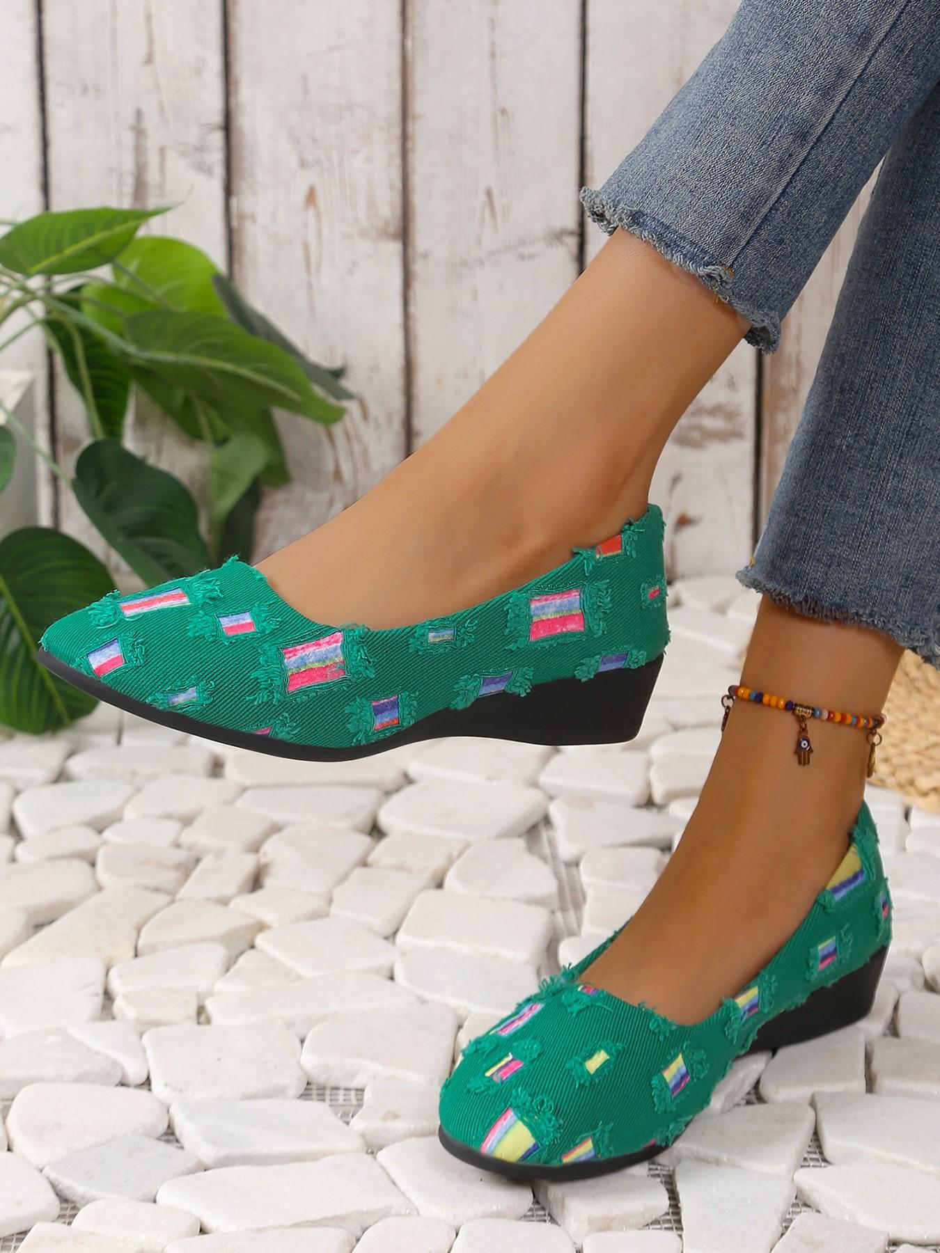 Women's Vintage Ripped Denim Wedge Sandals, Ditsy Floral Textile Upper, Rubber Sole, Casual All-Season Footwear, Breathable & Slip-On