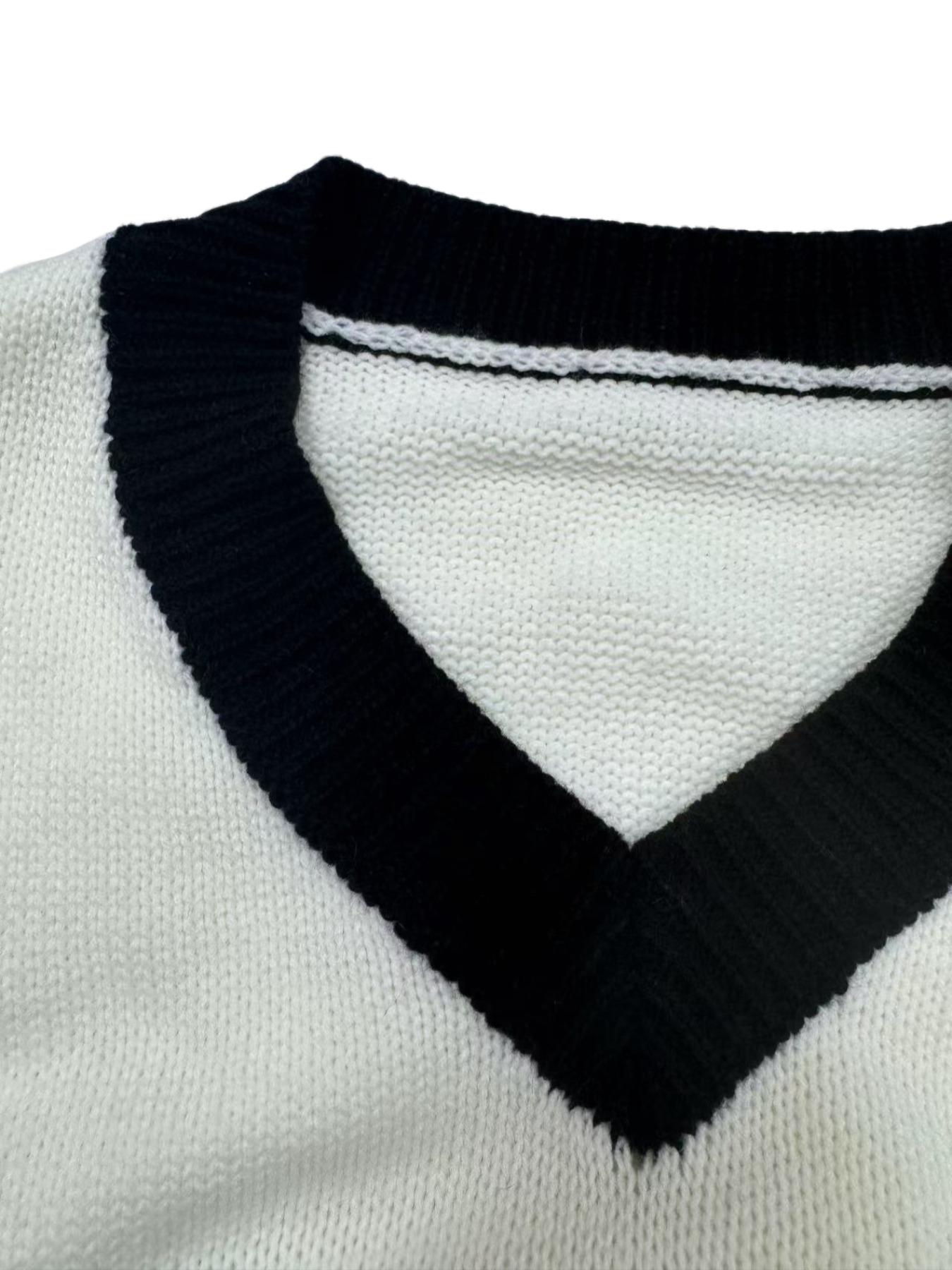 Autumn Winter Color Block V Neck Sweater for Women, Womenswear Casual Loose Knitwear with Letter Design, Trendy Streetwear, Comfortable Long Sleeve Sweatshirt, Tops