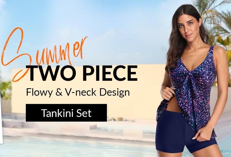 Yonique Women Two Piece Flowy Tankini Swimsuits with Boyshorts V Neck Swim Tank Tops Bathing Suits Modest Swimwear