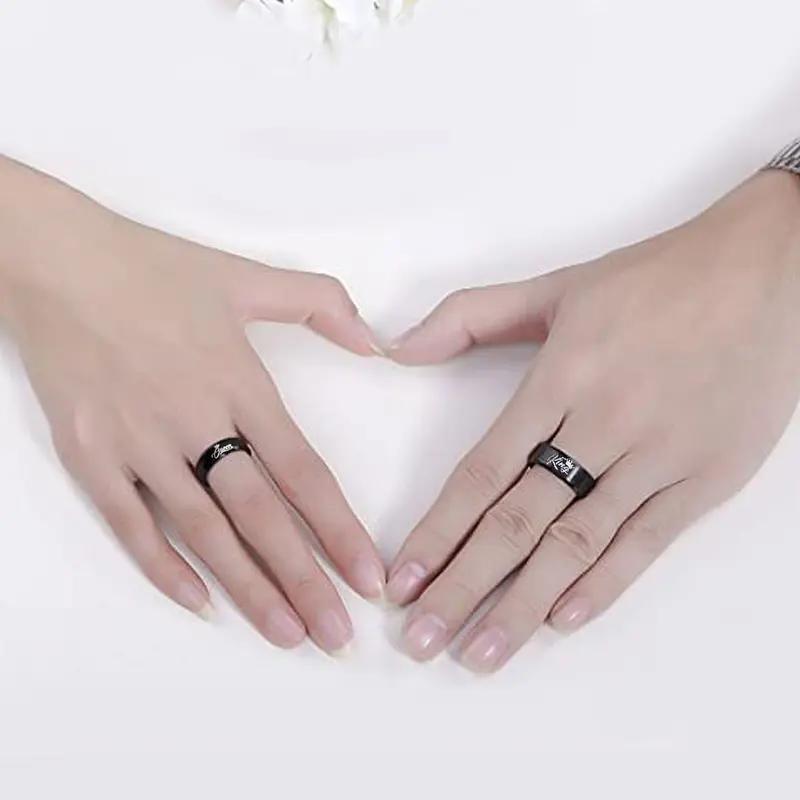 Unisex King-Queen Matching Sets, Black Titanium Engraved Text Rings, Durable Elegant Custom Jewelry Gift for Wedding Anniversary Lovers
