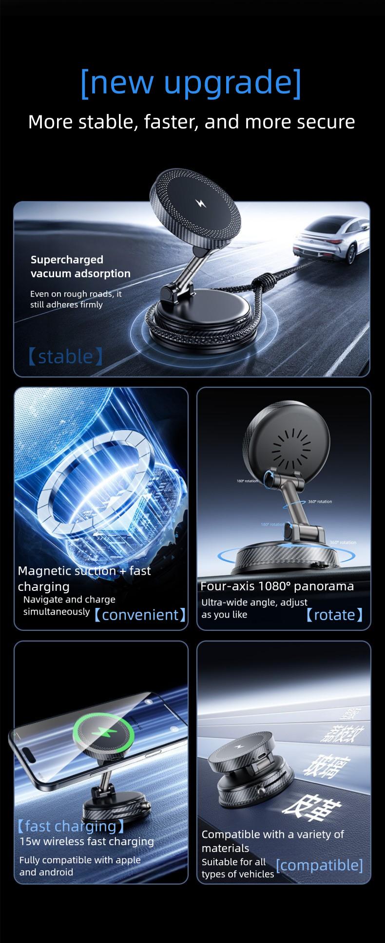 Magnetic Wireless Charging Car Phone Mount, 360 °   Rotatable Universal Holder