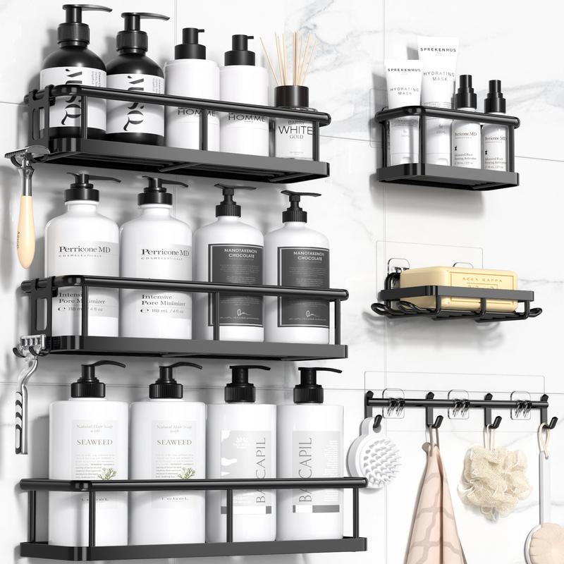 YASONIC  Shower Caddy, 5 Pack Black bathroom accessories, wall organizer, No Drill Bathroom Shower Organizers With Removable Hooks, Rust Proof Shower Shelves For Inside Shower, free wall mountshower organizer