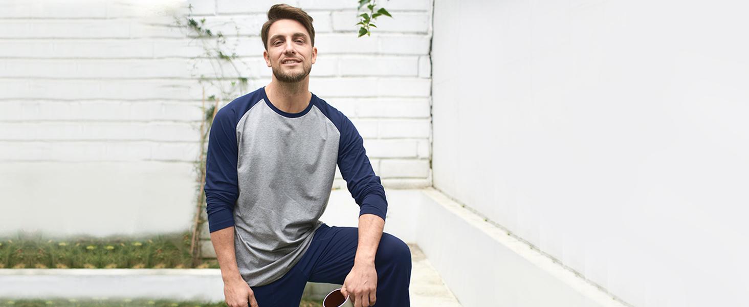 DAVID ARCHY Mens Pajamas Set - Soft Pajama Set for Men 2 Piece Long Sleeve Pajamas for Men Cotton Mens Pjs Sets with Pockets Pants Top FathersDayGift Loungewear Crewneck