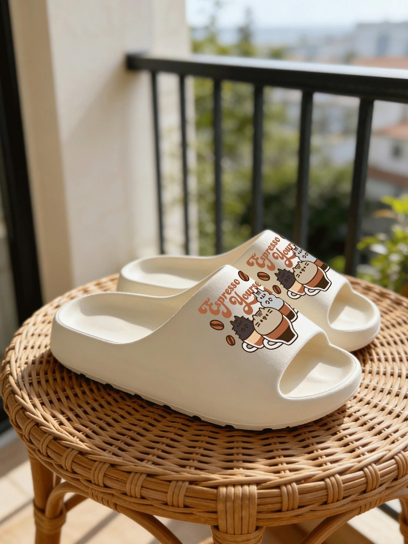 1 Pair Espresso Themed Cartoon Printed Thick Sole Slippers, French Retro Lazy Style, Non-slip Soft Sole, Indoor & Outdoor Dual-use, Open Toe Slides, Exclusive for Coffee Lovers, Bathroom Casual Slippers