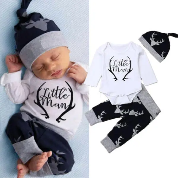 Ma&Baby 3PCS Newborn Infant Baby Boy Long Sleeve Little Man Romper Deer Pants Hat Clothes Set