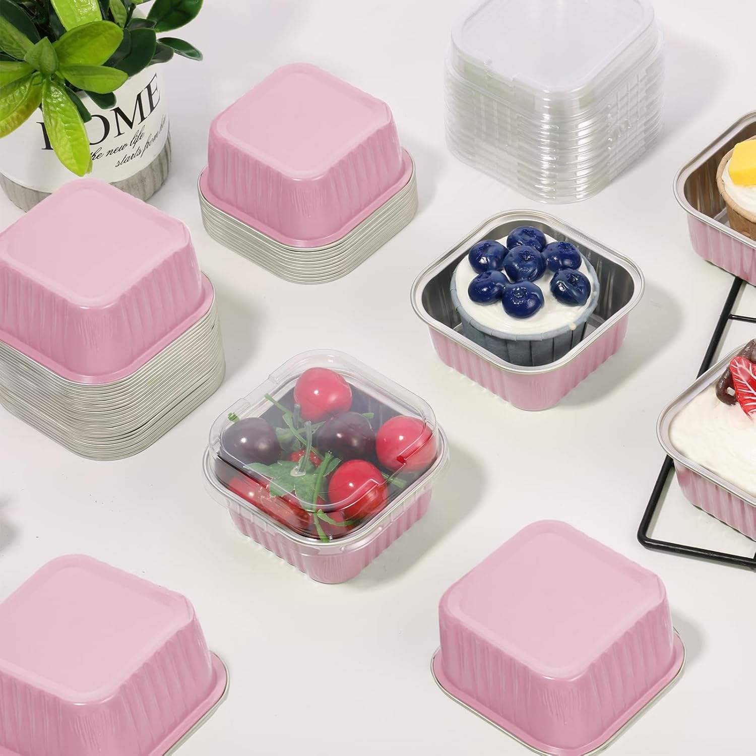 30 Pcs 5 oz Pink Mini Disposable Cake Plates, Foil Square Baking Cups with Lids,Muffin Plates, 3.5x3.5 Small Baking Cake Plates, Cupcake Containers, Suitable for Single Cakes, Mini Muffin Plates