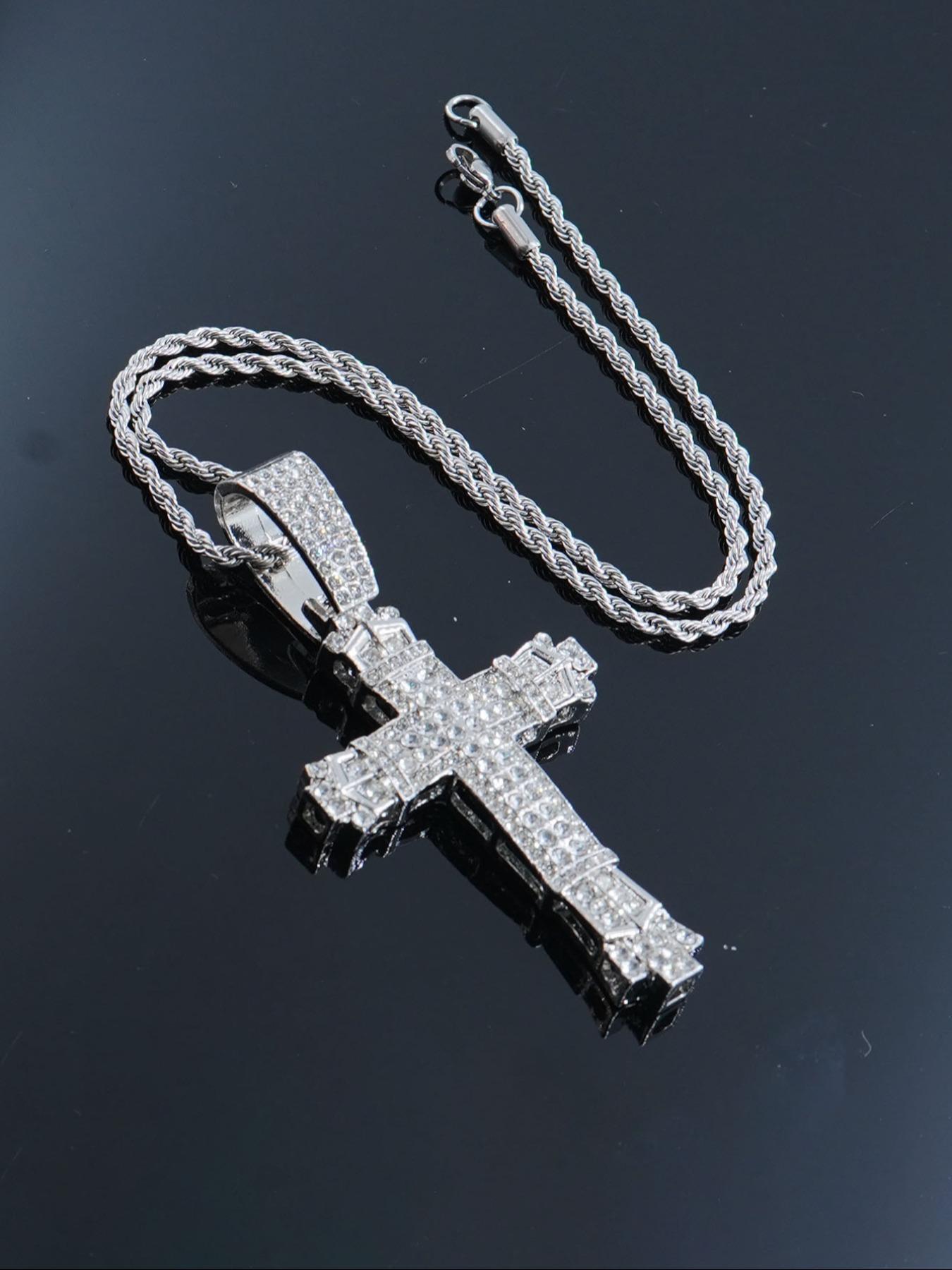 Rhinestone Decorated Cross Pendant Necklace, Cross Necklaces, Cuban Link Chain, Fashion Jewelry for Party, Daily Wear Accessory, Trendy Versatile Jewelry for Birthday Gifts, Fashionable Jewelry Accessories