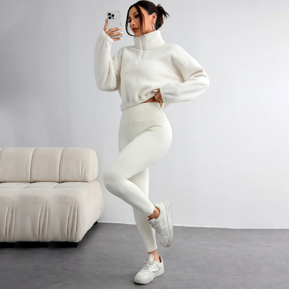 Women's 3-Piece Sports Tracksuit Set, Lamb Fur Lined Warm Mock Neck Half-Zip Sweatshirt + Inner Vest + Long Pants, Autumn Winter Leisure Wear