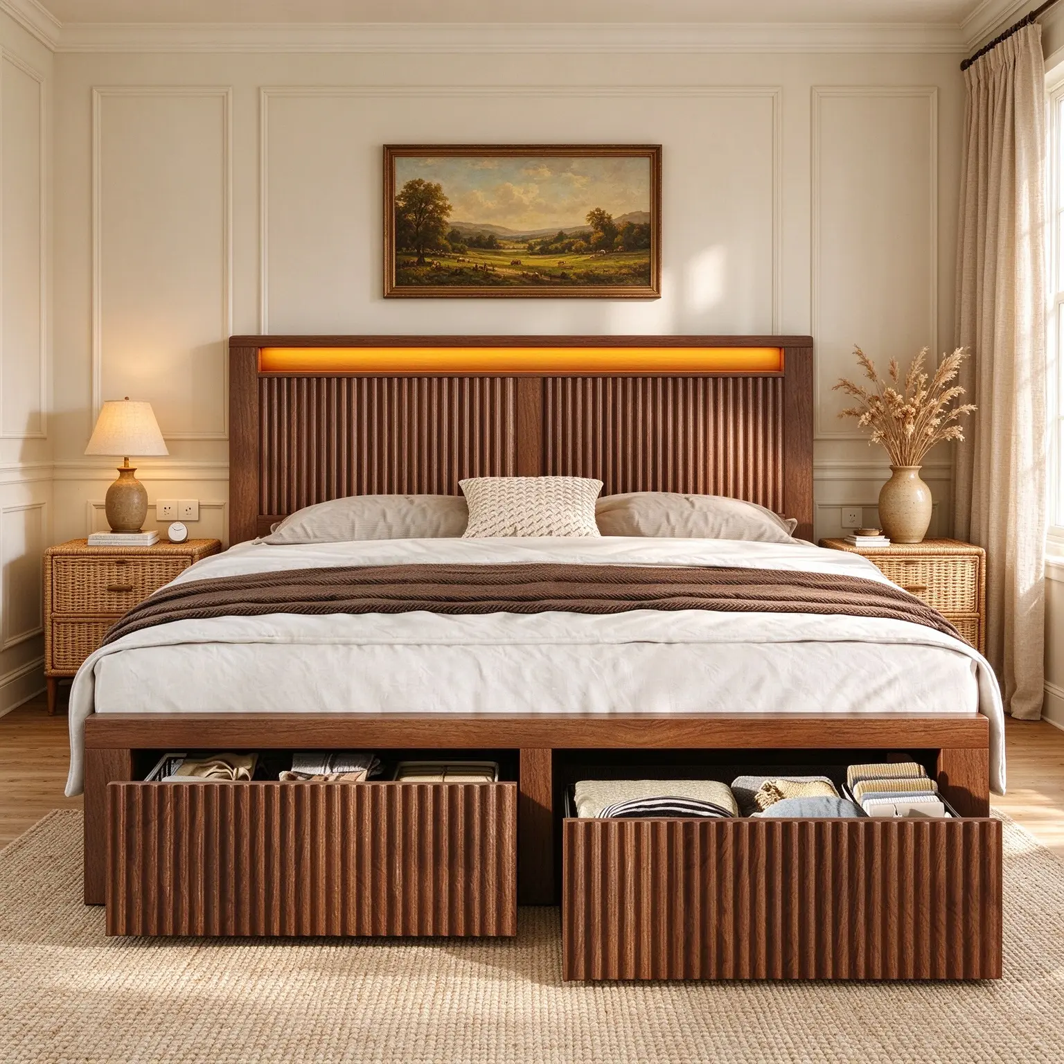 Farmhouse Wooden Bed Frame With LED Lights,Charging Station & 2 Storage Drawers,Wavy Panel Headboard,Heavy Duty Steel,NO Noise,Easy Assembly, Walnut queen size luxury bedroom furniture metal