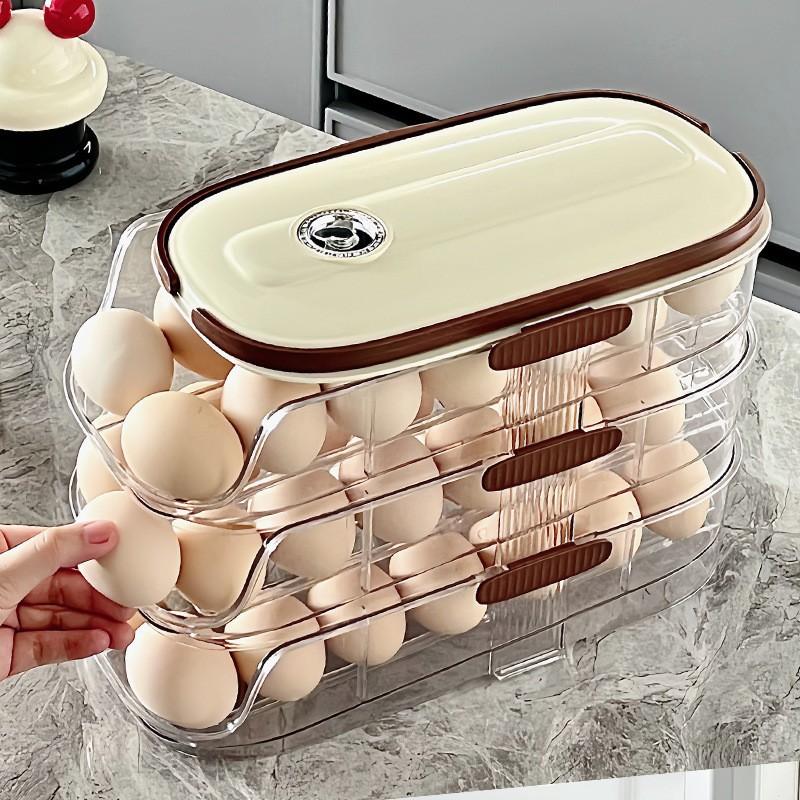 Single Layer, Dual Layer, Triple Layer Kitchen Home Egg Box Transparent Dual Layer Slide Rolling Egg Holder Refrigerator Side Door Handheld Egg Storage Box