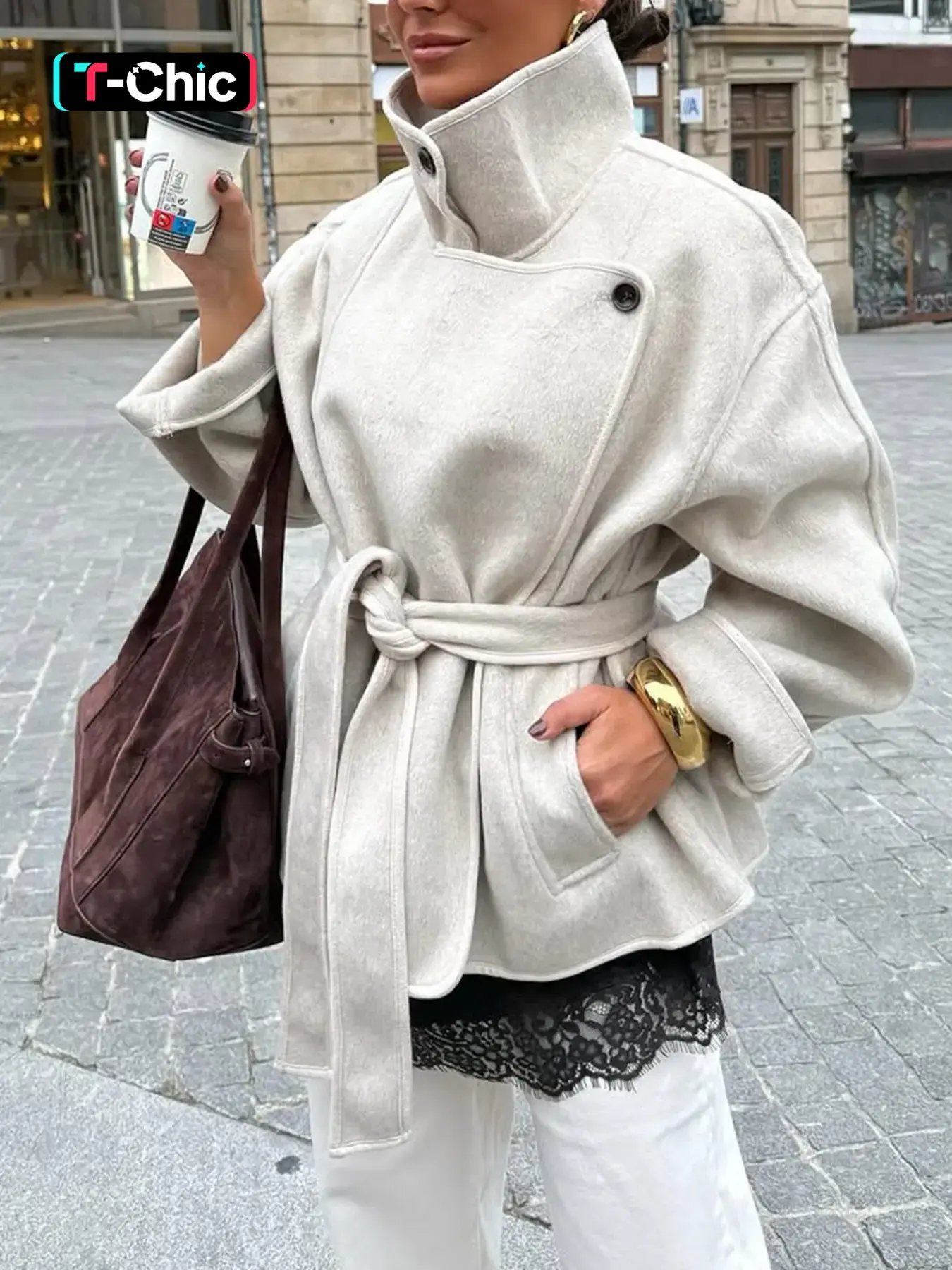 High Neck Belted Waist Short Coat for Women, Asymmetric Button Design, Fall Winter Casual Commuter Tweed Jacket, Stylish Outerwear