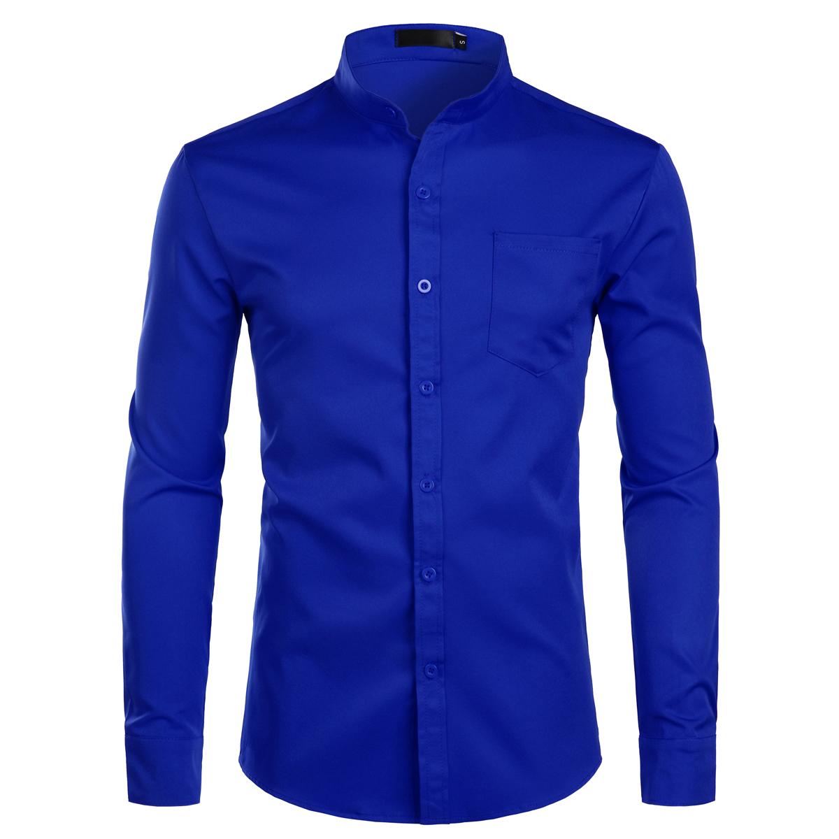 ZEROYAA Men's Banded Collar Slim Fit Long Sleeve Casual Button Down Dress Shirts with Pocket Breathable Polyester Top Black Color Menswear Beige - Fabric